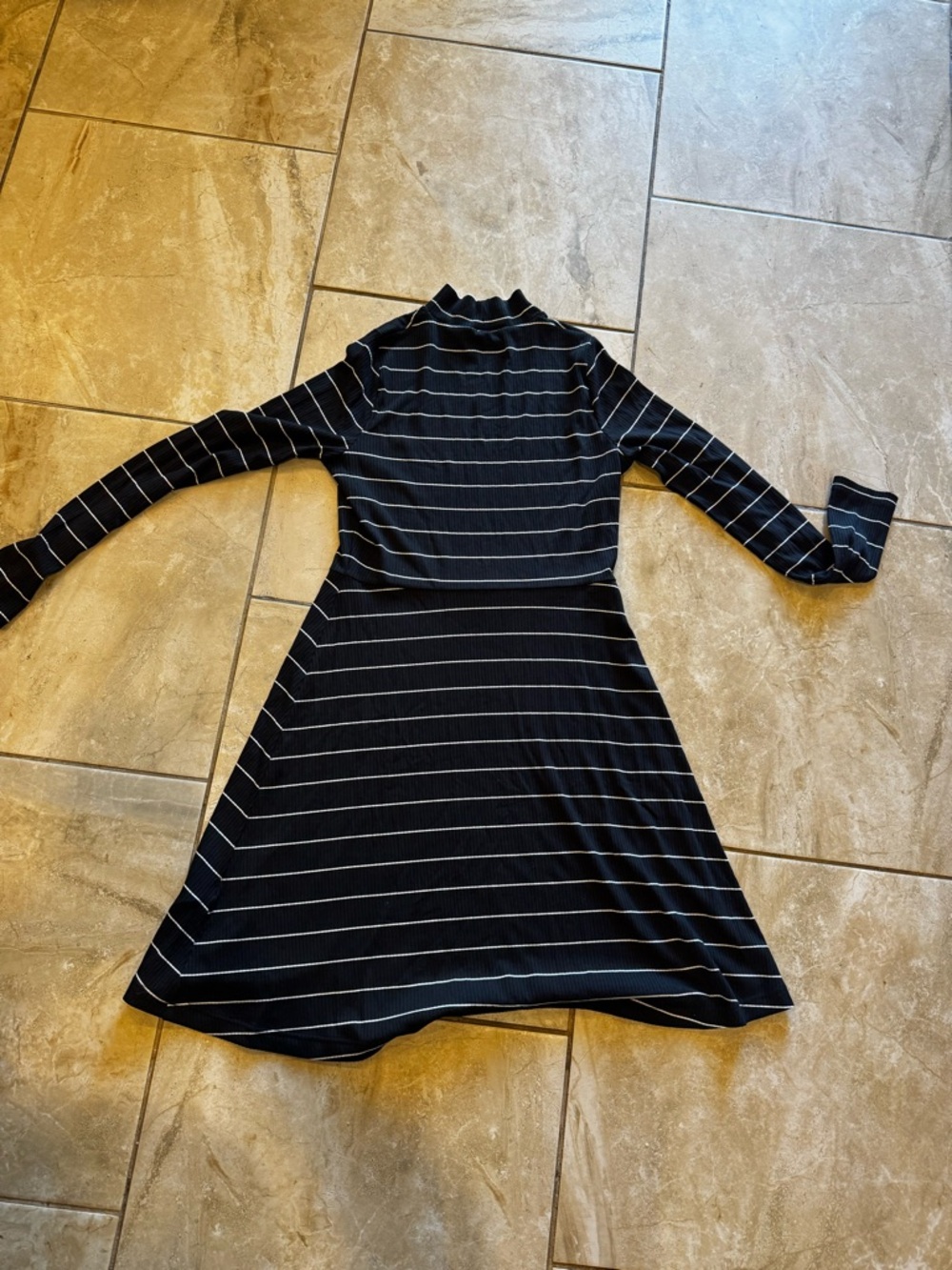 Striped Long-Sleeve A-Line Dress in Black and White